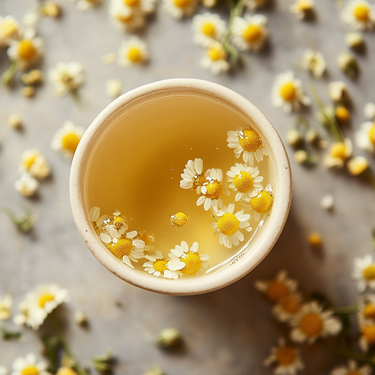 A ceramic cup filled with 🧘♀️ Calm the Flock Down Loose Leaf Tea, a caffeine-free blend, displays chamomile flowers floating on top and scattered around, set against a light-colored background.